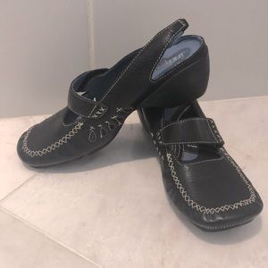 Clarks Indigo, black “Mary Jane” style slingback shoes